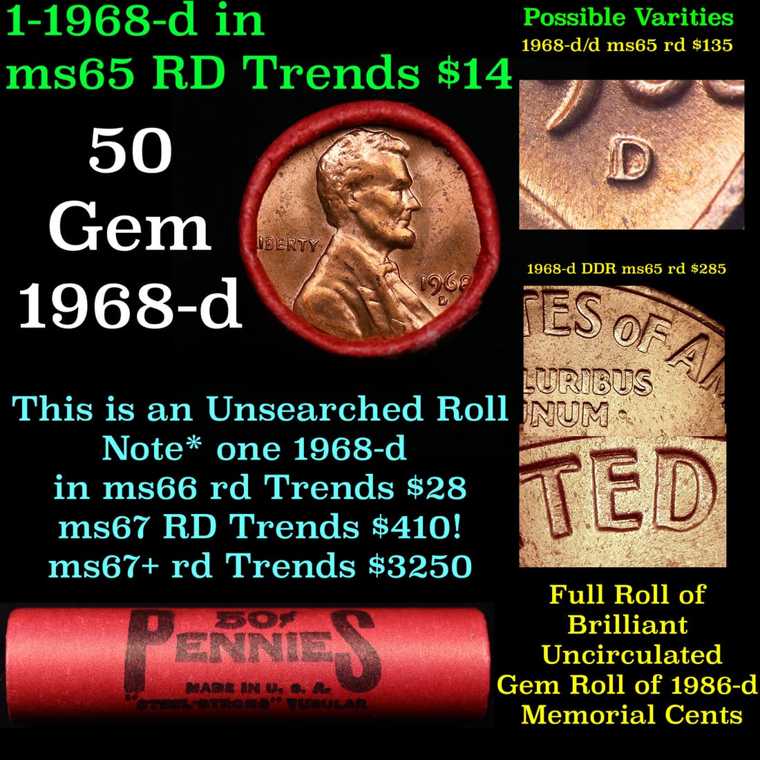BU Shotgun Lincoln 1c roll, 1968-d 50 pcs Steel Strong Wrapper 50c: BU Shotgun Lincoln 1c roll, 1968-d 50 pcs Steel Strong Wrapper 50c. A terrific Shotgun roll of Lincoln cents in a Steel Strong wrapper. Most if not all coins should be cherry red.