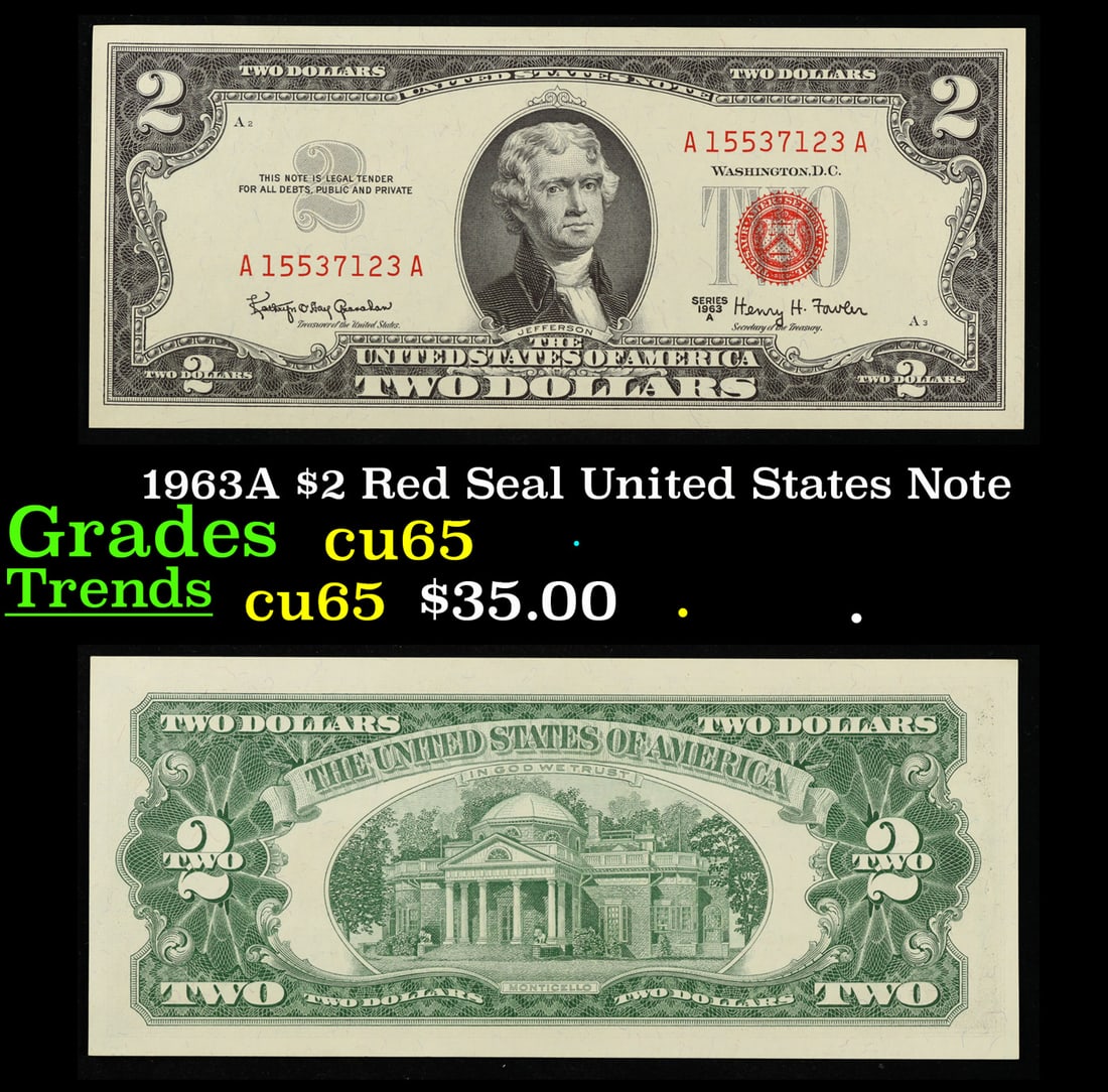 1963A $2 Red Seal United States Note Grades Gem CU (1 of 3)