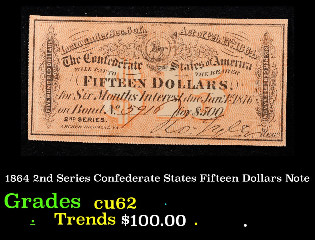 1864 2nd Series Confederate States Fifteen Dollars Note Grades Select CU (1 of 3)