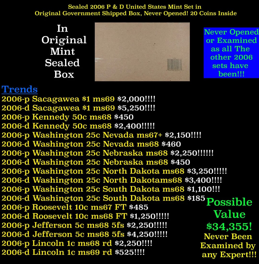 Sealed 2006 United States Mint Set in Original Government Shipped Box, Never Opened! 20 Coins: Sealed 2006 United States Mint Set in Original Government Shipped Box, Never Opened! 20 Coins Inside!. The 2006 Mint Set continued the use of the new satin finish that had been introduced for the prod