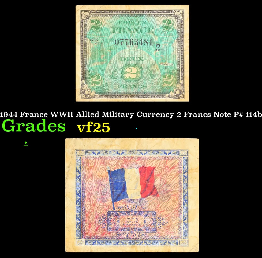 1944 France WWII Allied Military Currency 2 Francs Note P# 114b Grades vf+ (1 of 3)
