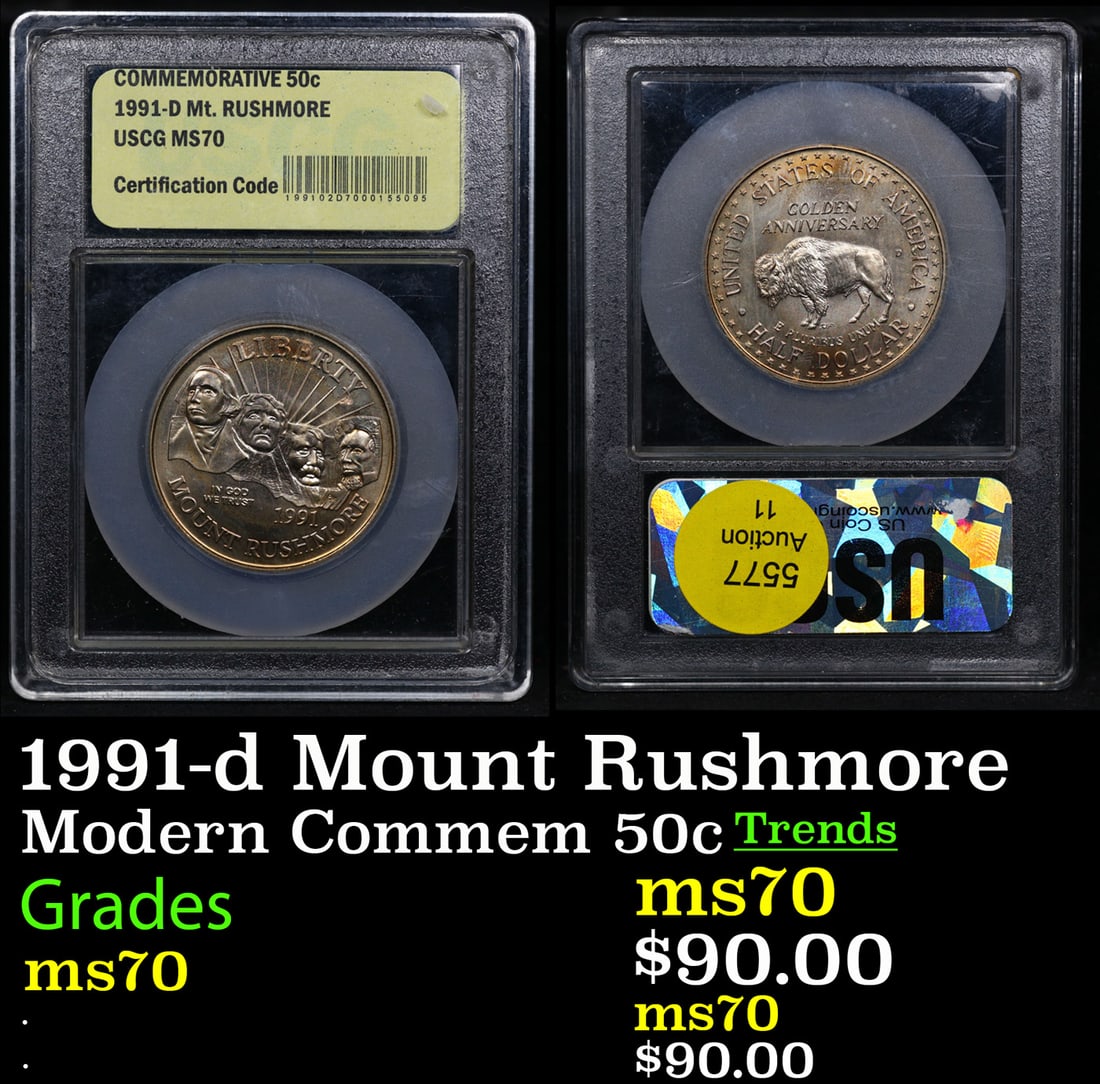 1991-d Mount Rushmore Modern Commem Half Dollar 50c Graded ms70, Perfection By USCG (1 of 3)