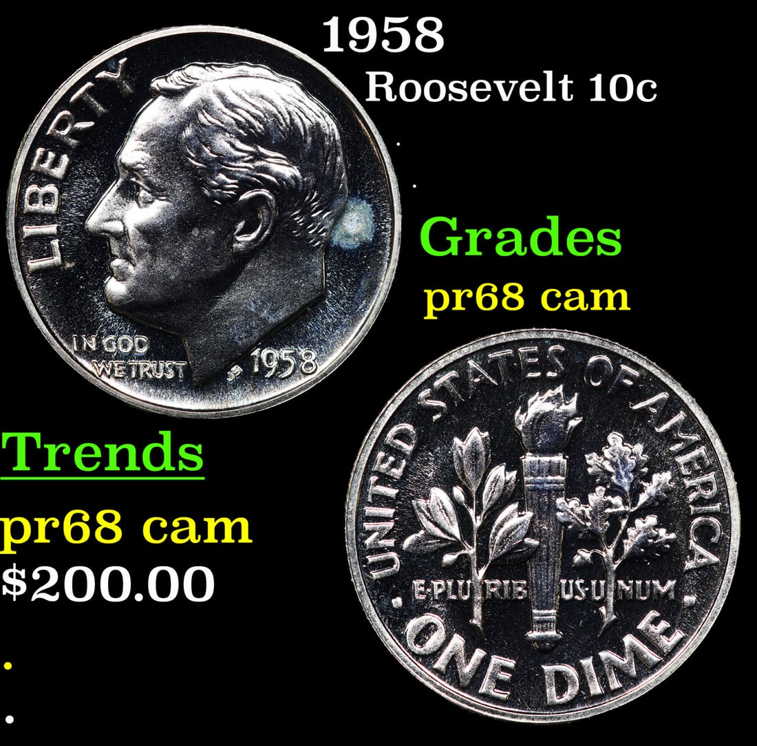 Proof 1958 Roosevelt Dime 10c Grades GEM++ Proof Cameo (1 of 3)