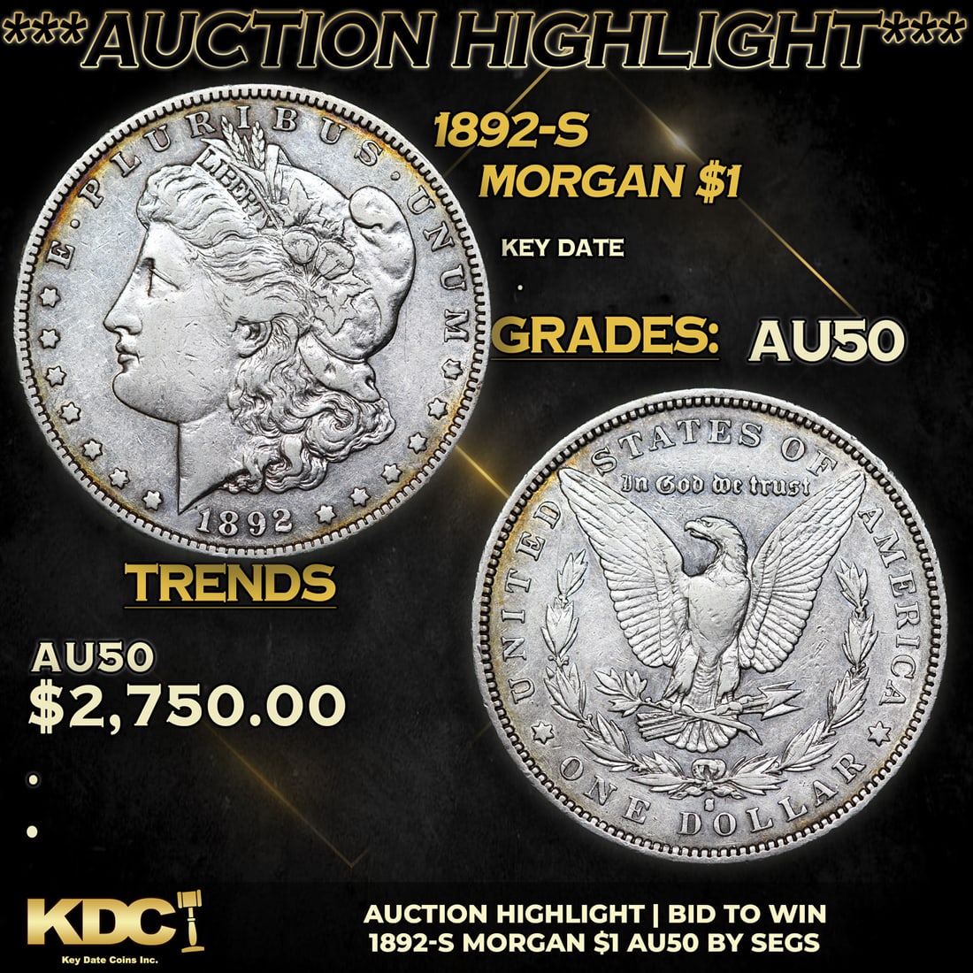 ***Auction Highlight*** 1892-s Morgan Dollar $1 Graded au50 By SEGS (fc) (1 of 5)