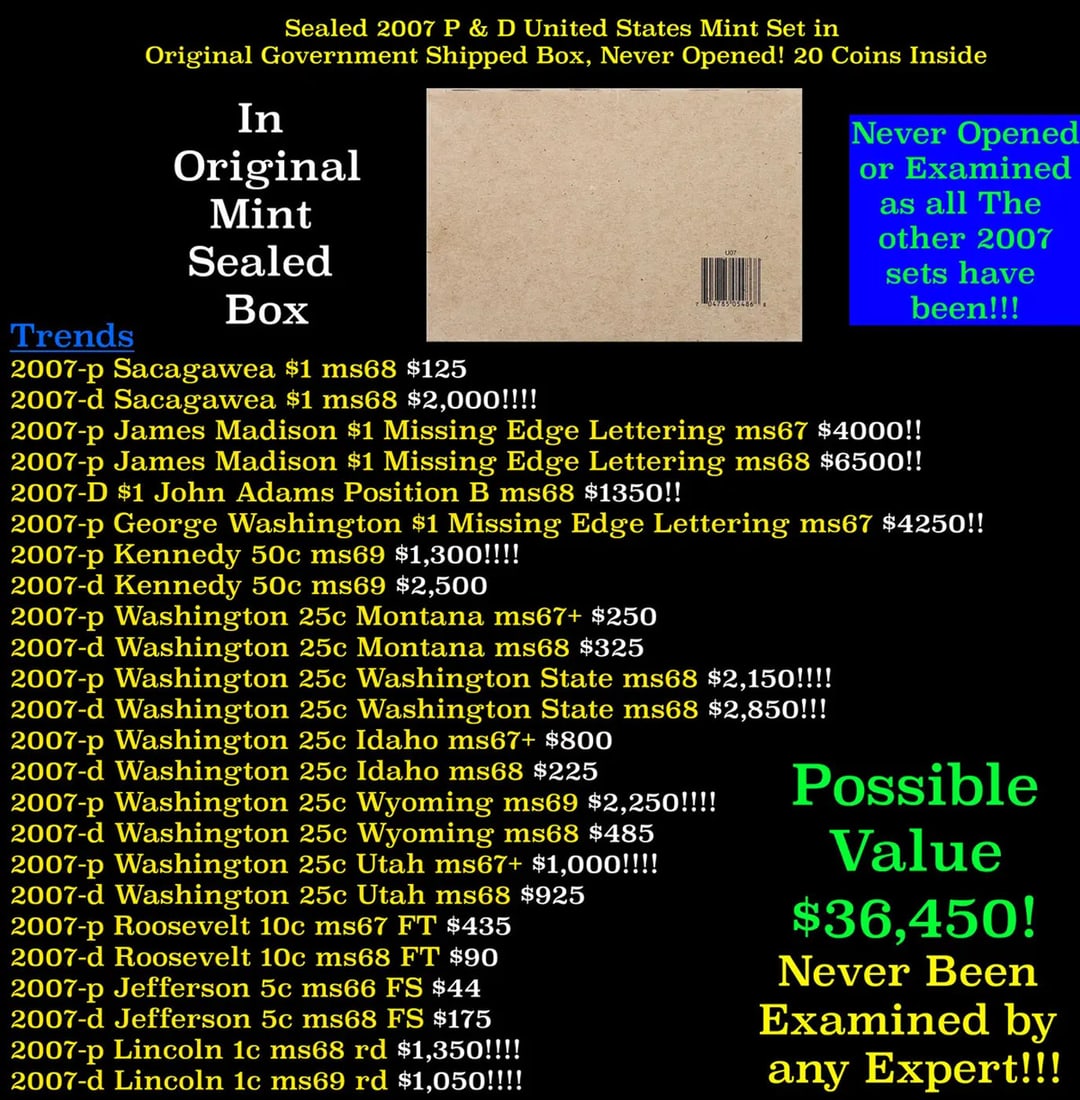 Sealed 2007 United States Mint Set in Original Government Shipped Box, Never Opened! 20 Coins: Sealed 2007 United States Mint Set in Original Government Shipped Box, Never Opened! 20 Coins Inside!. Starting with the 2007 Mint Set significantly altered the packaging to coincide with the launch o