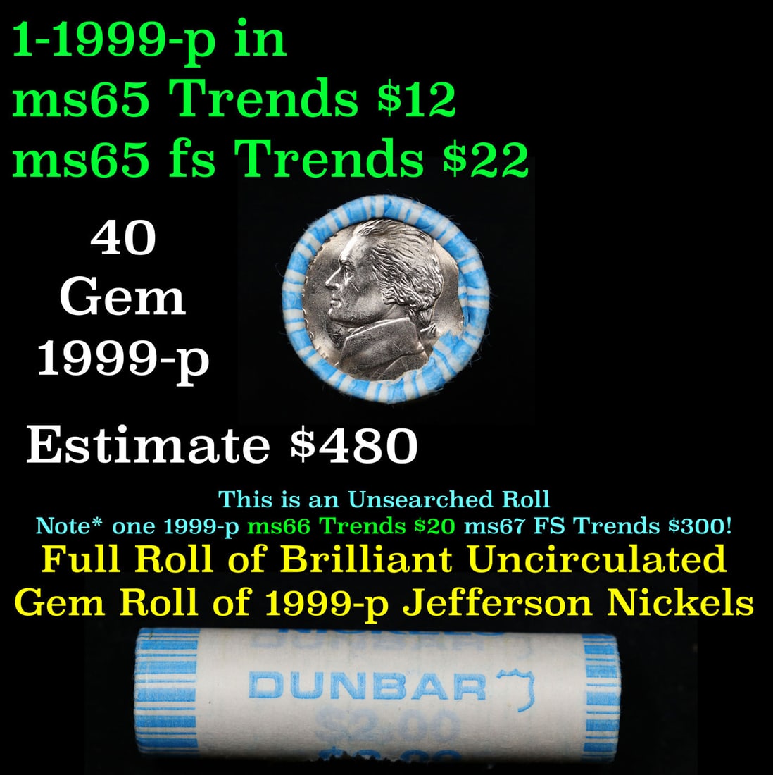 BU Shotgun Jefferson 5c roll, 1999-p 40 pcs Dunbar $2 Nickel Wrapper (1 of 4)