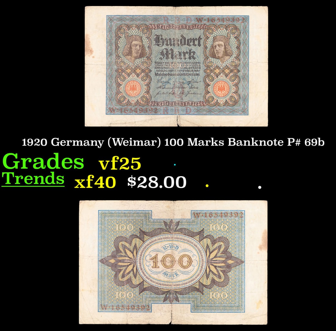 1920 Germany (Weimar) 100 Marks Banknote P# 69b Grades vf+ (1 of 3)
