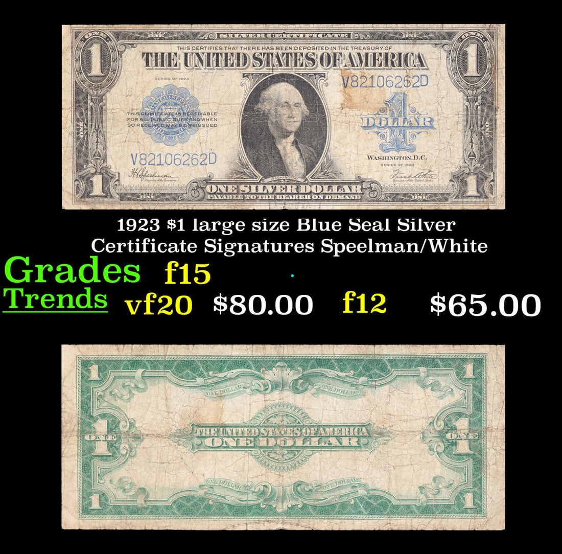 1923 $1 large size Blue Seal Silver Certificate Grades f+ Signatures Speelman/White: 1923 $1 large size Blue Seal Silver Certificate Grades f+ Signatures Speelman/White. Fr-237 The term “horse blanket” gets used a lot when talking about large size currency. It is most frequent