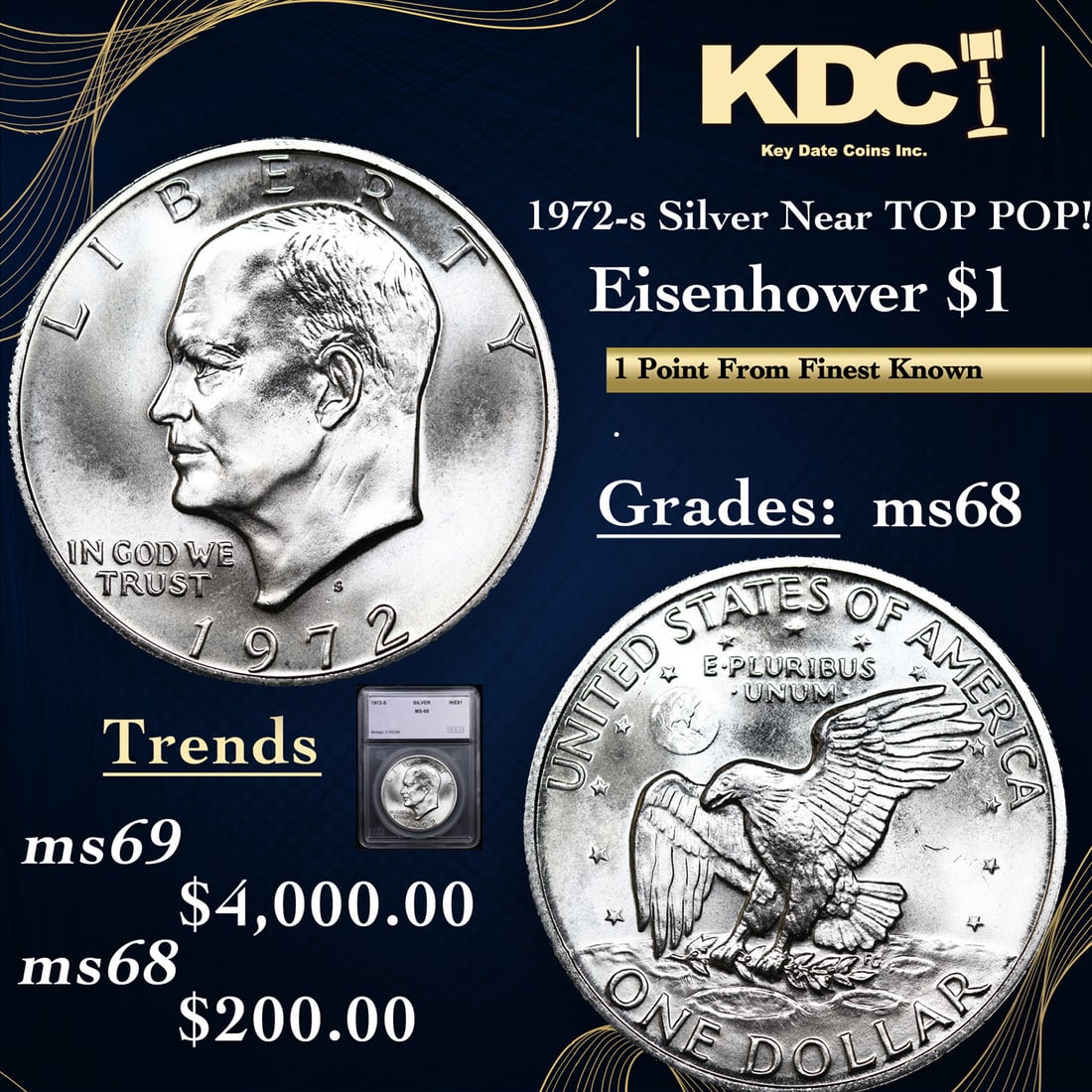 1972 S Eisenhower Silver Dollar Ms 68 Pcgs
