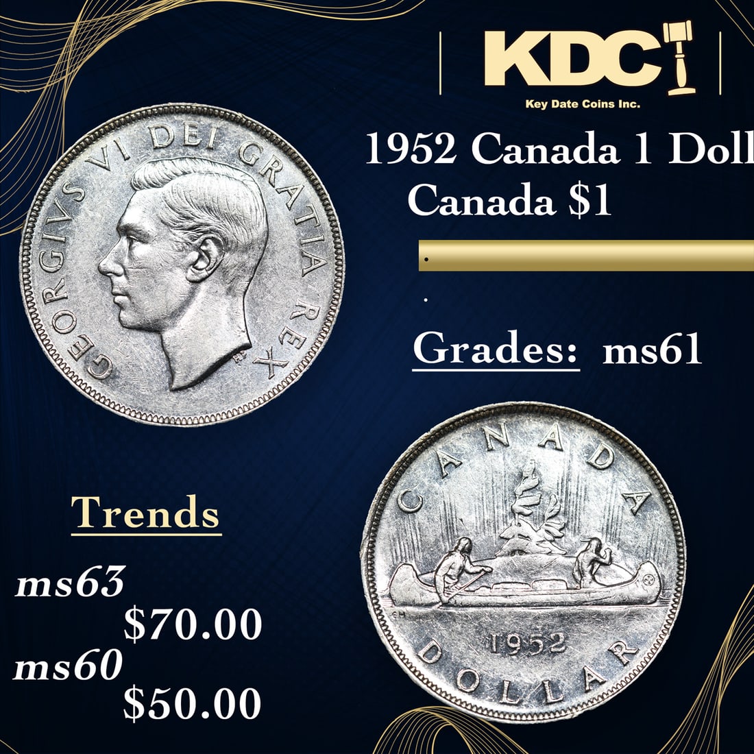 1952 Canada 1 Dollar Silver Canada Dollar KM# 46 $1 Grades BU+ (1 of 3)