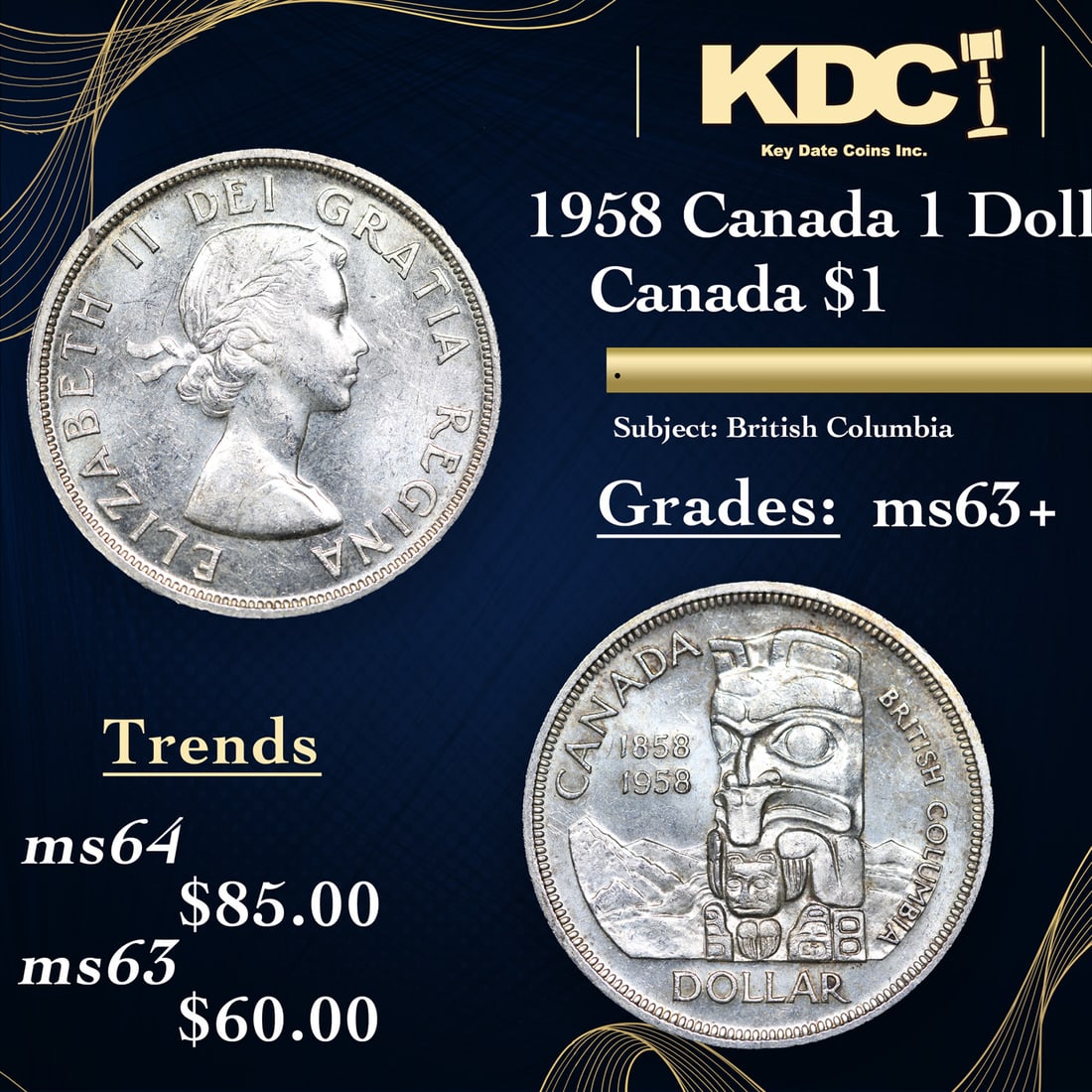 1958 Canada 1 Dollar Silver Canada Dollar KM# 55 $1 Grades Select+ Unc (1 of 3)