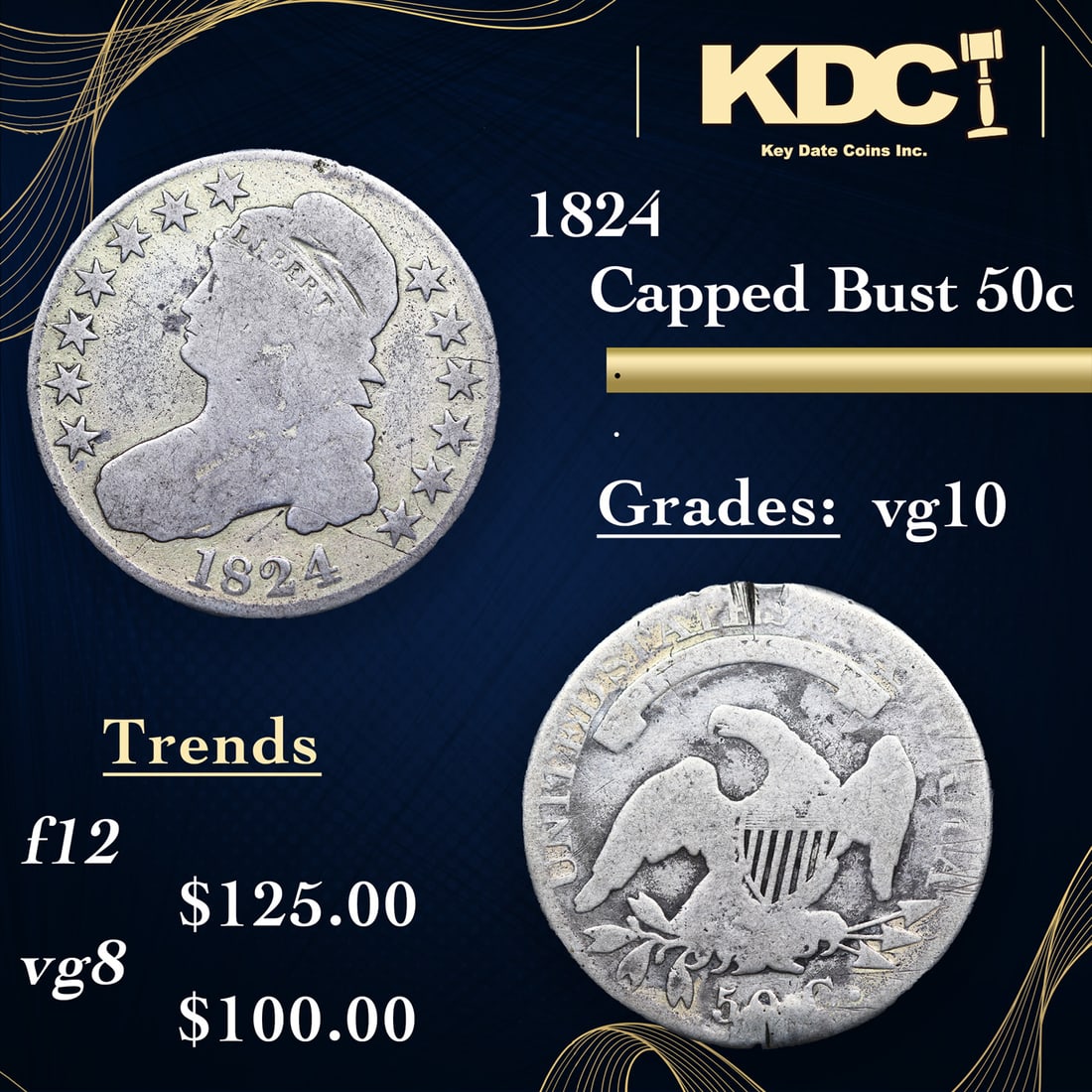 1824 Capped Bust Half Dollar 50c Grades vg+ (1 of 3)