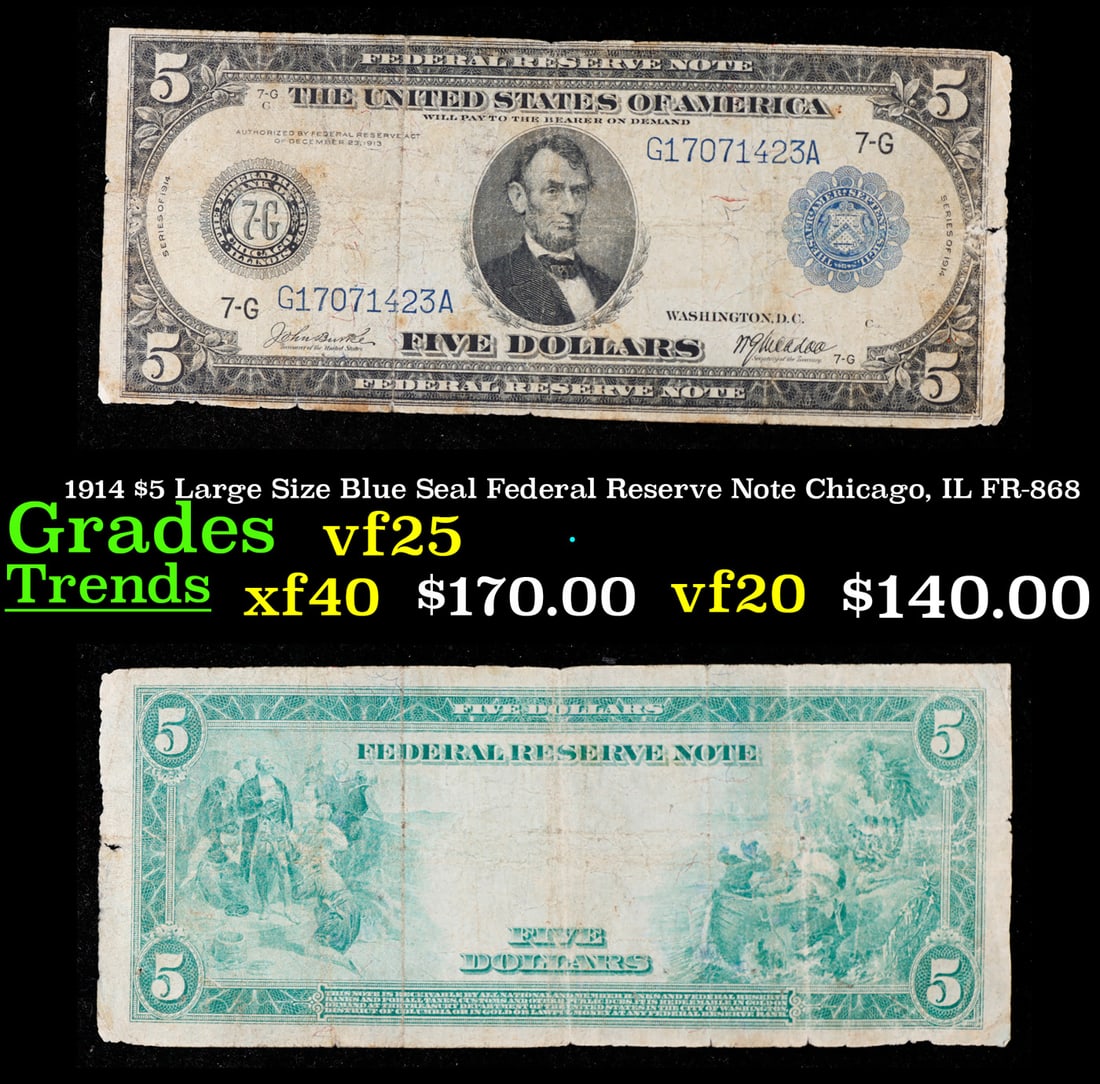 1914 $5 Large Size Blue Seal Federal Reserve Note Chicago, IL Grades vf+ FR-868 (1 of 3)