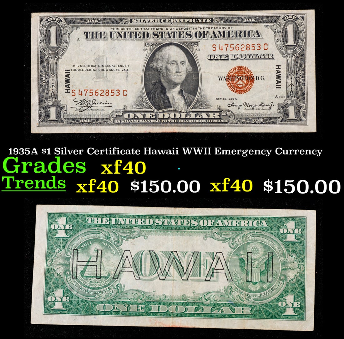 1935A $1 Silver Certificate Hawaii WWII Emergency Currency Grades xf: 1935A $1 Silver Certificate Hawaii WWII Emergency Currency Grades xf. FR-2300 Signatures of Julian & Morgenthau WWII Emergency Currency. It was the darkest days of World War II, just after Pearl Harbo