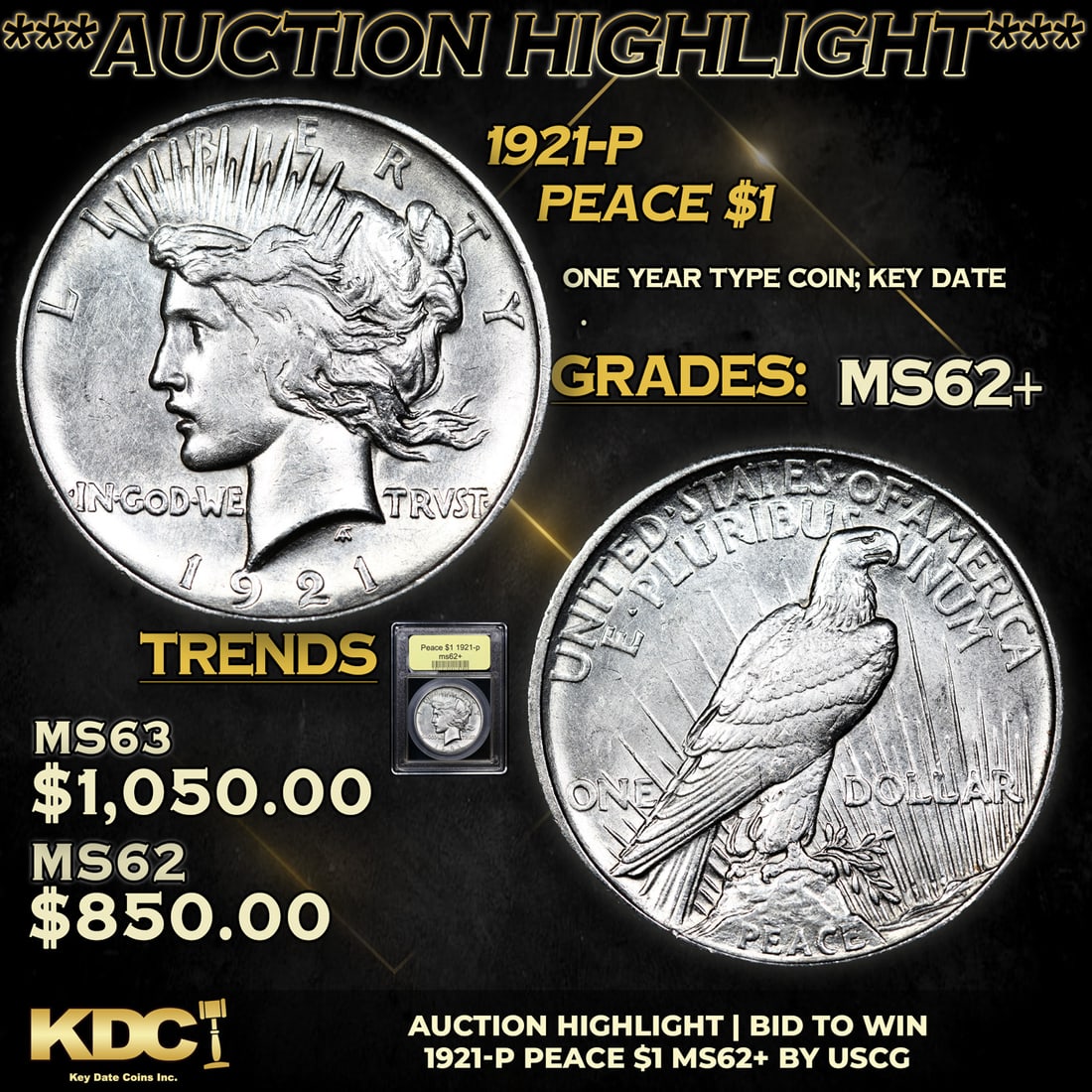 ***Auction Highlight*** 1921-p Peace Dollar $1 Graded Select Unc By USCG (fc) (1 of 5)