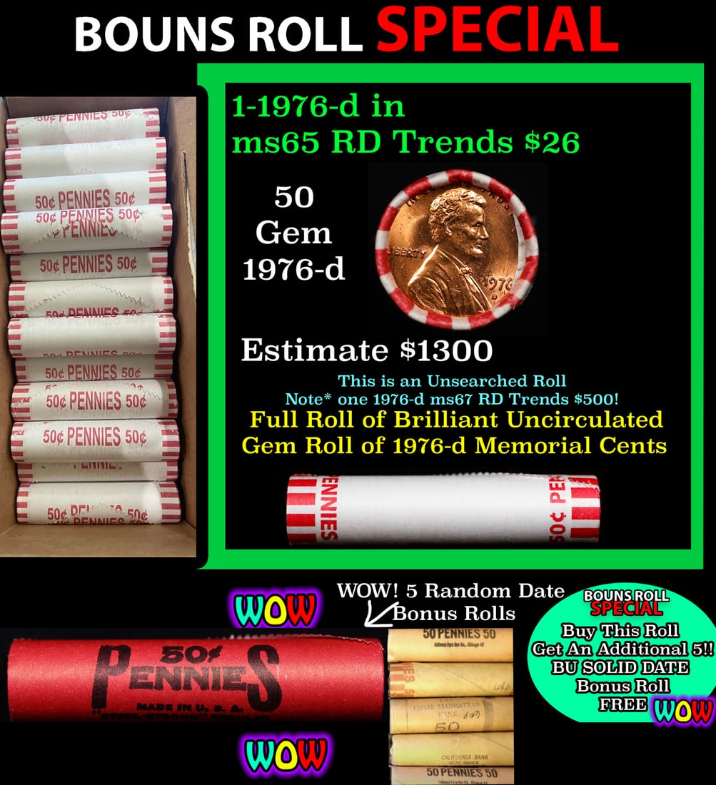 THIS AUCTION ONLY! BU Shotgun Lincoln 1c roll, 1976-d 50 pcs Plus FIVE bonus random date BU roll!: THIS AUCTION ONLY! BU Shotgun Lincoln 1c roll, 1976-d 50 pcs Plus FIVE bonus random date BU roll! Bank Wrapper 50c. A terrific Shotgun roll of Lincoln cents in a Bank wrapper. Most if not all coins sh