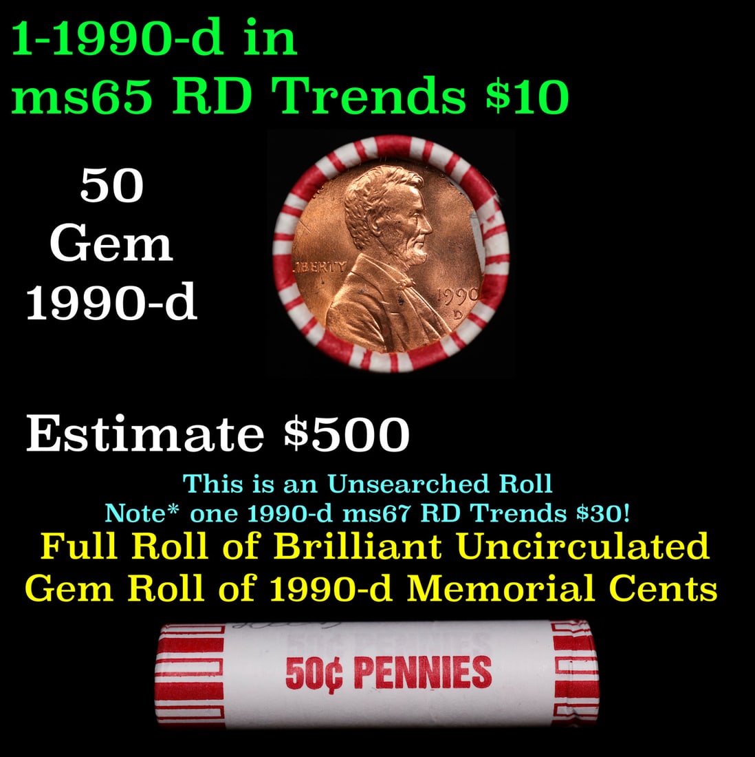 BU Shotgun Lincoln 1c roll, 1999-d 50 pcs Bank Wrapper 50c (1 of 2)