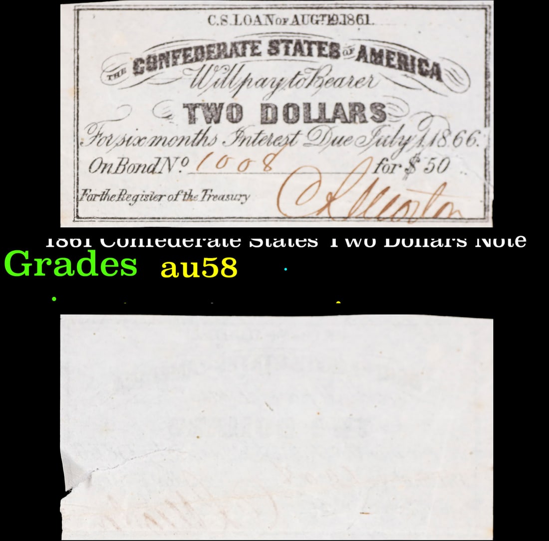 1861 Confederate States Two Dollars Note Grades Choice AU/BU Slider (1 of 3)