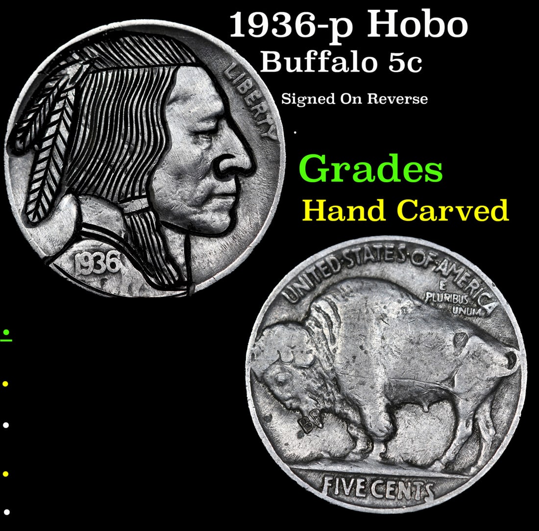 1936-p Hobo Buffalo Nickel 5c Grades Hand Carved (1 of 3)