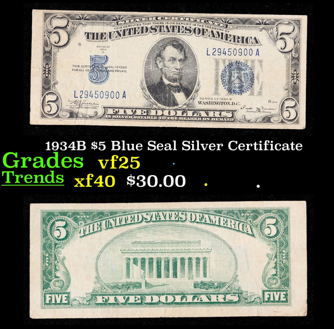 1934B $5 Blue Seal Silver Certificate Grades vf+ (1 of 3)