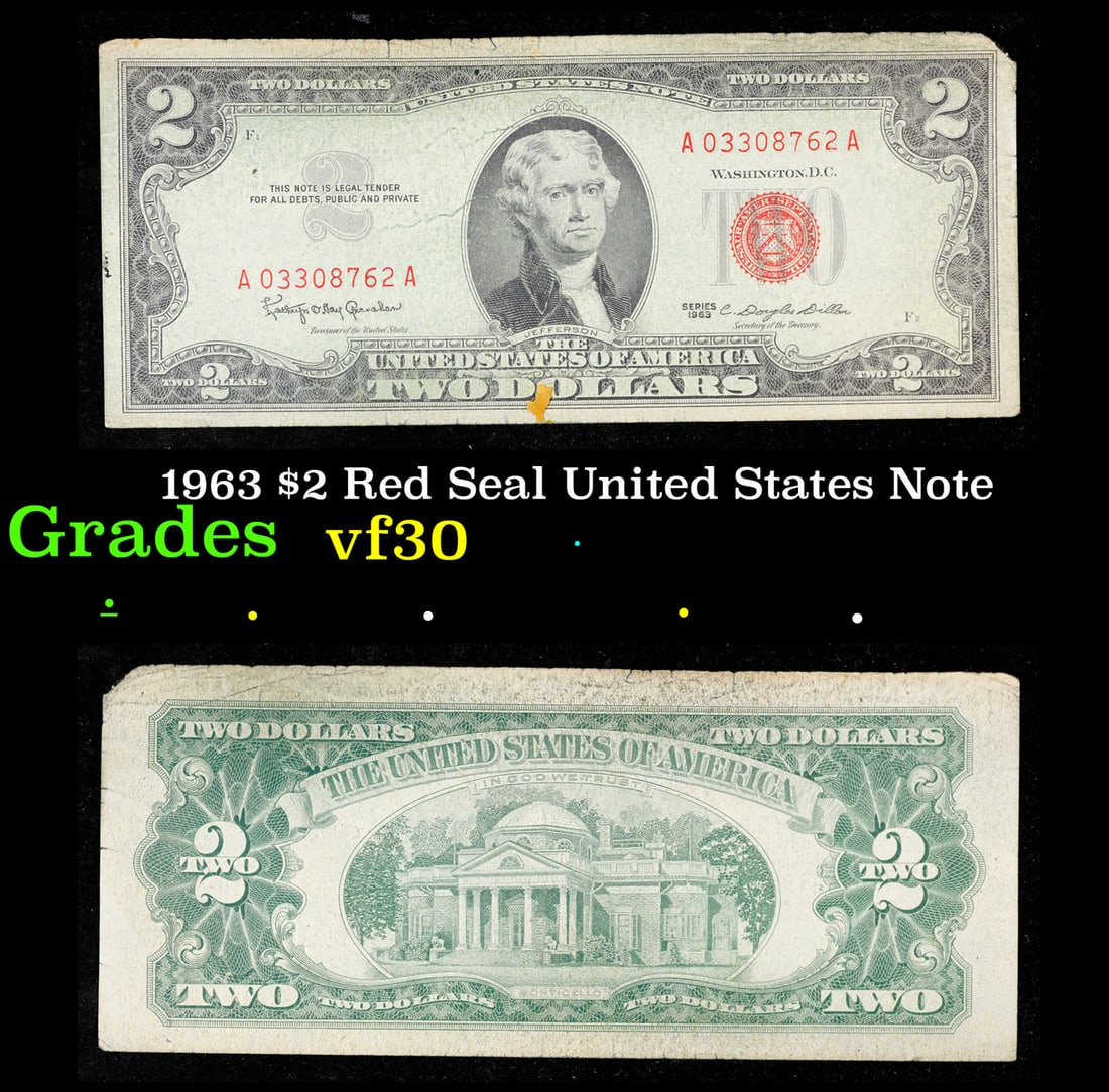 1963 $2 Red Seal United States Note Grades vf++: 1963 $2 Red Seal United States Note Grades vf++. 1963 Legal Tender (United States Note). 1963 marks the last year that red seals were printed on two dollar bills. This is also the last year that Monti