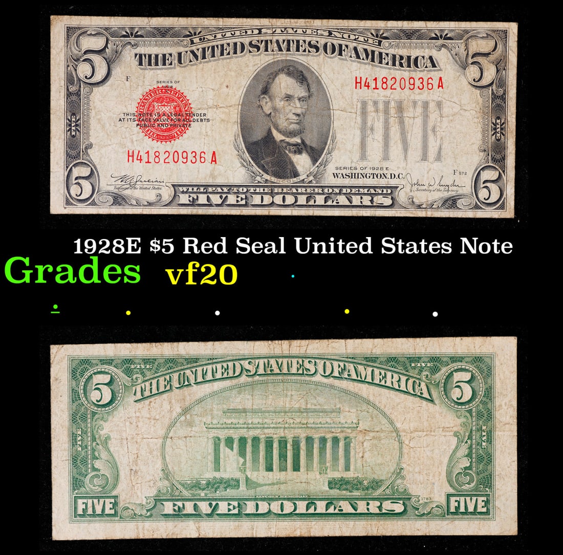 1928E $5 Red Seal United States Note Grades vf, very fine (1 of 3)