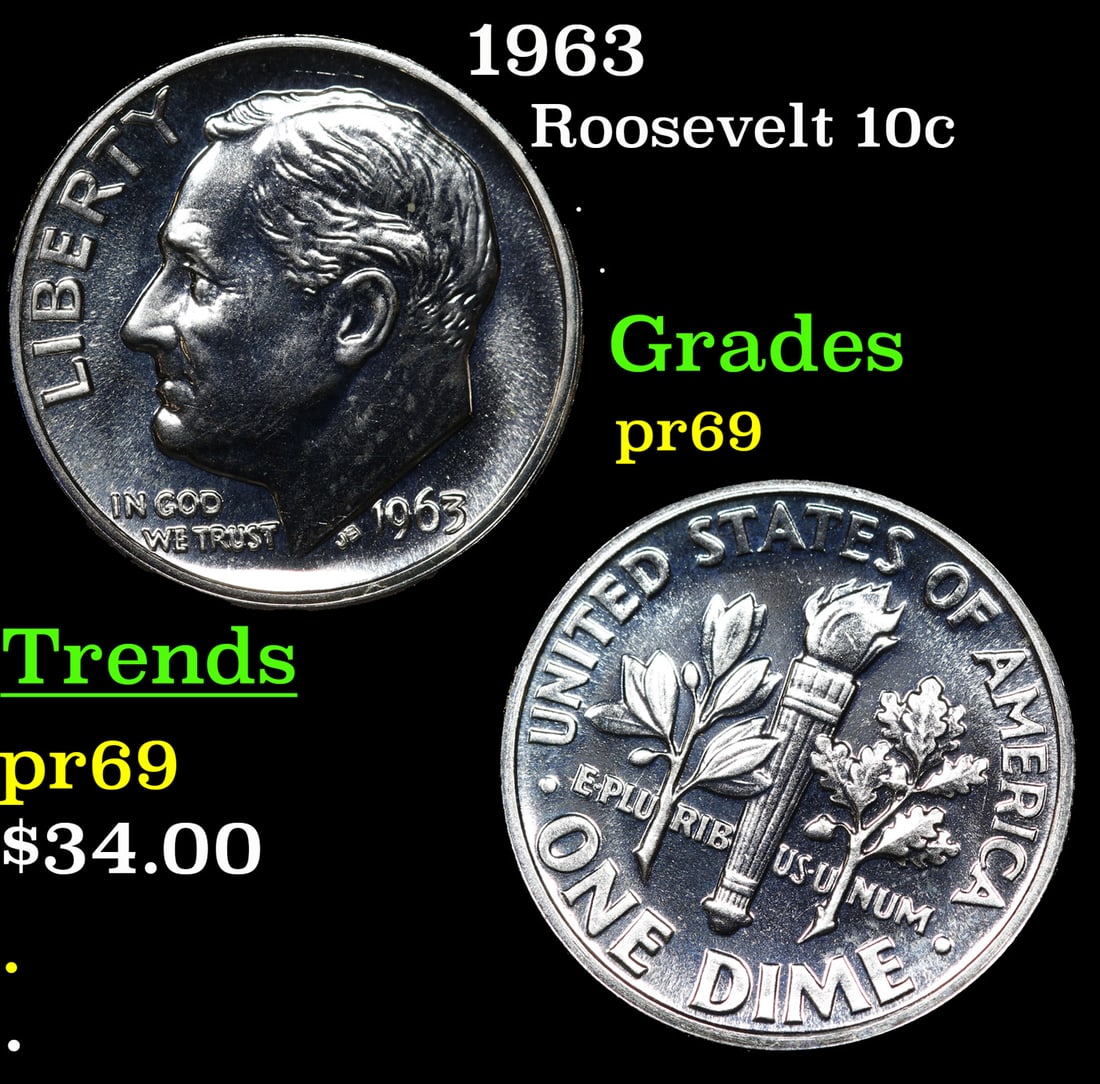 Proof 1963 Roosevelt Dime 10c Grades GEM++ Proof (1 of 3)