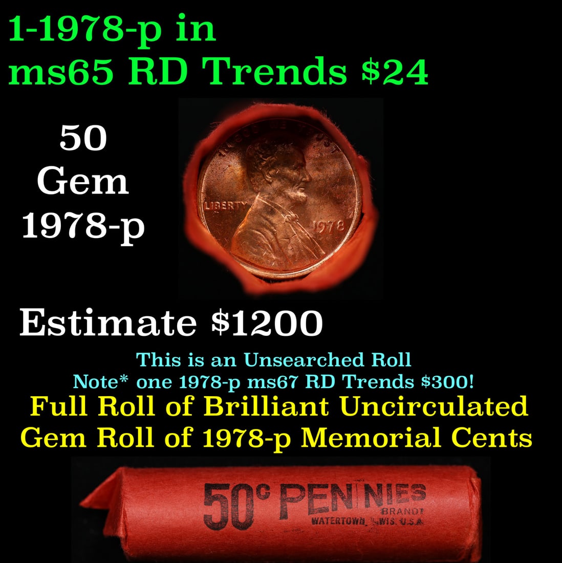BU Shotgun Lincoln 1c roll, 1978-p 50 pcs Brandt Wrapper 50c: BU Shotgun Lincoln 1c roll, 1978-p 50 pcs Brandt Wrapper 50c. A terrific Shotgun roll of Lincoln cents in a Brandt wrapper. Most if not all coins should be cherry red.