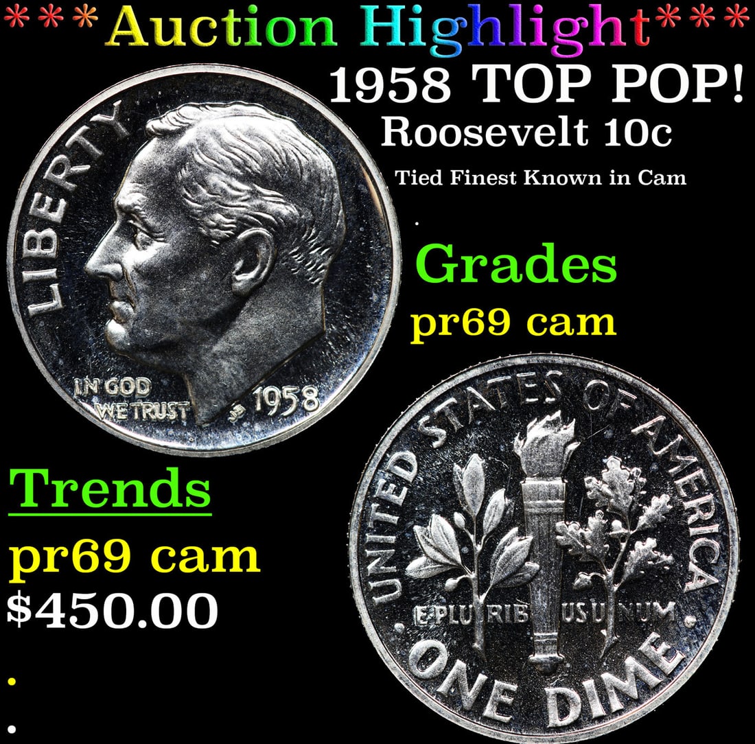 Proof ***Auction Highlight*** 1958 Roosevelt Dime TOP POP! 10c Graded pr69 cam BY SEGS (fc) (1 of 3)