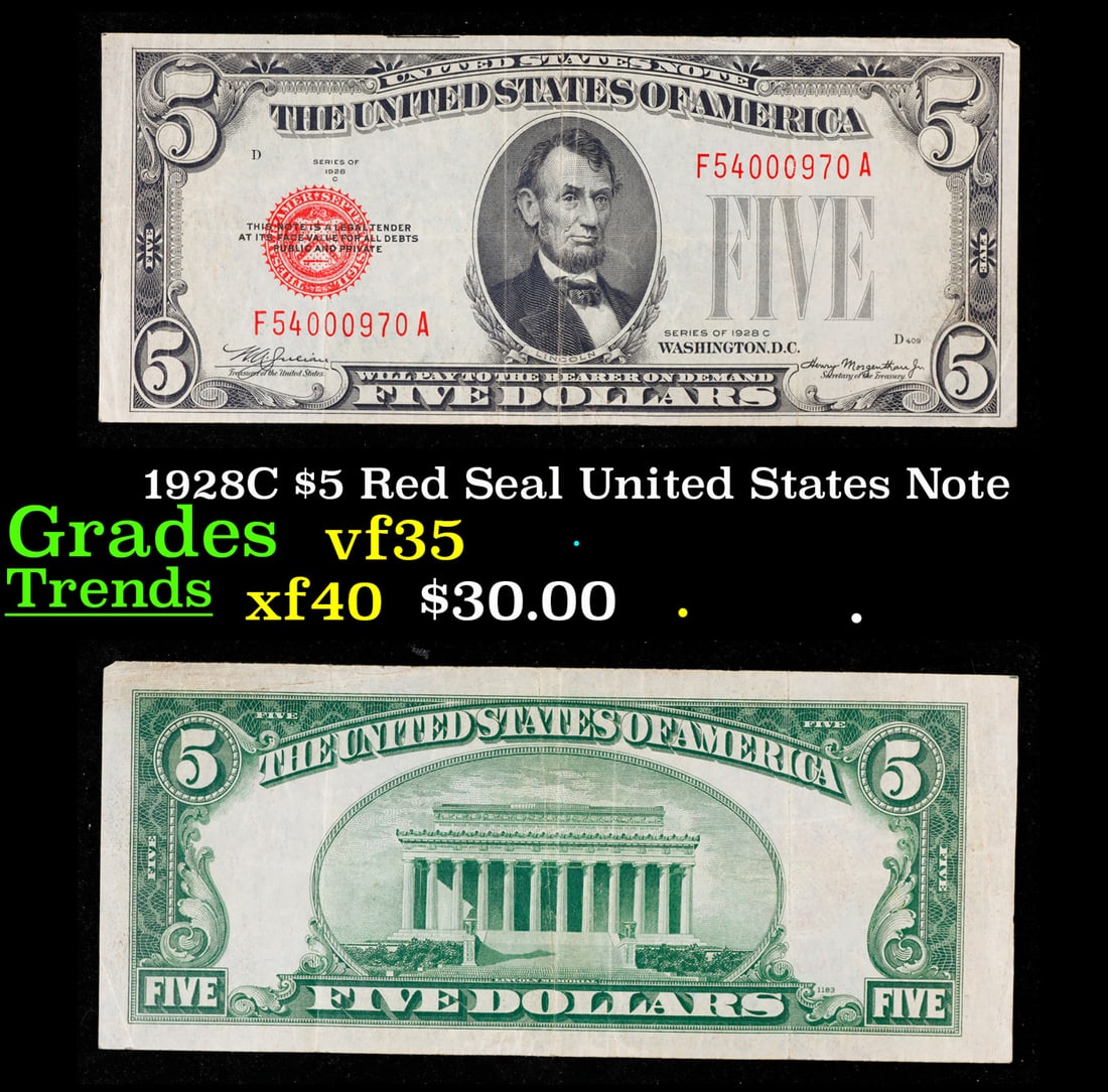 1928C $5 Red Seal United States Note Grades vf++ (1 of 3)