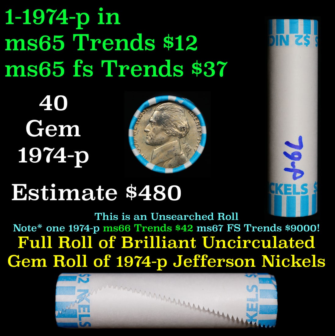 BU Shotgun Jefferson 5c roll, 1979-p 40 pcs Bank $2 Nickel Wrapper: BU Shotgun Jefferson 5c roll, 1979-p 40 pcs Bank $2 Nickel Wrapper.