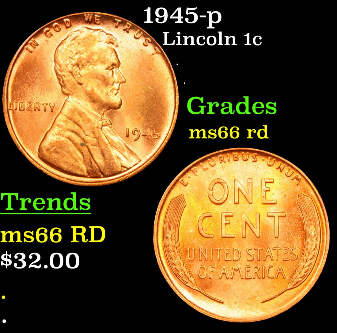 1945-p Lincoln Cent 1c Grades GEM+ Unc RD: 1945-p Lincoln Cent 1c Grades GEM+ Unc RD.