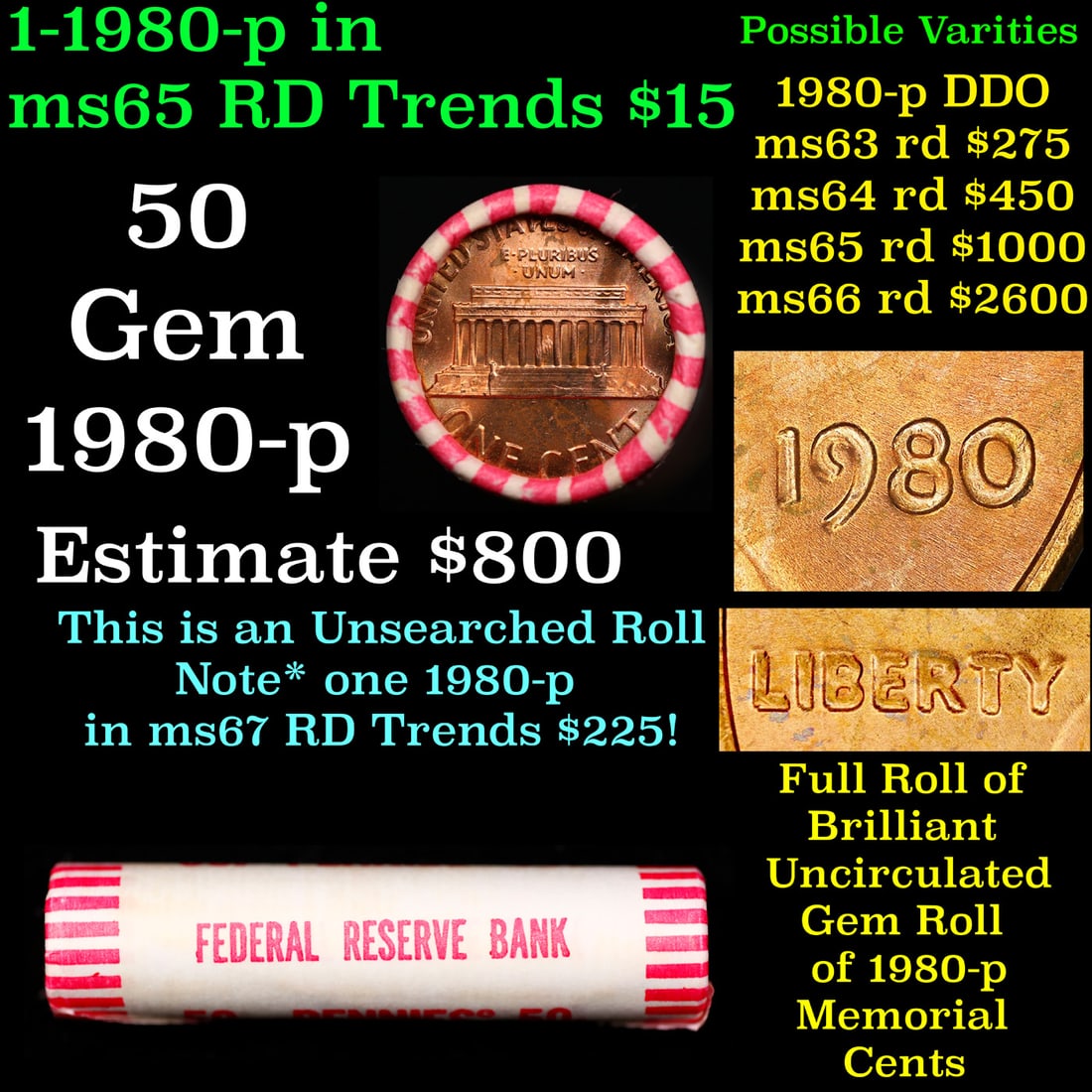 BU Shotgun Lincoln 1c roll, 1980-p 50 pcs Federal Reserve Bank Wrapper 50c: BU Shotgun Lincoln 1c roll, 1980-p 50 pcs Federal Reserve Bank Wrapper 50c. A terrific Shotgun roll of Lincoln cents in a Federal Reserve Bank wrapper. Most if not all coins should be cherry red.