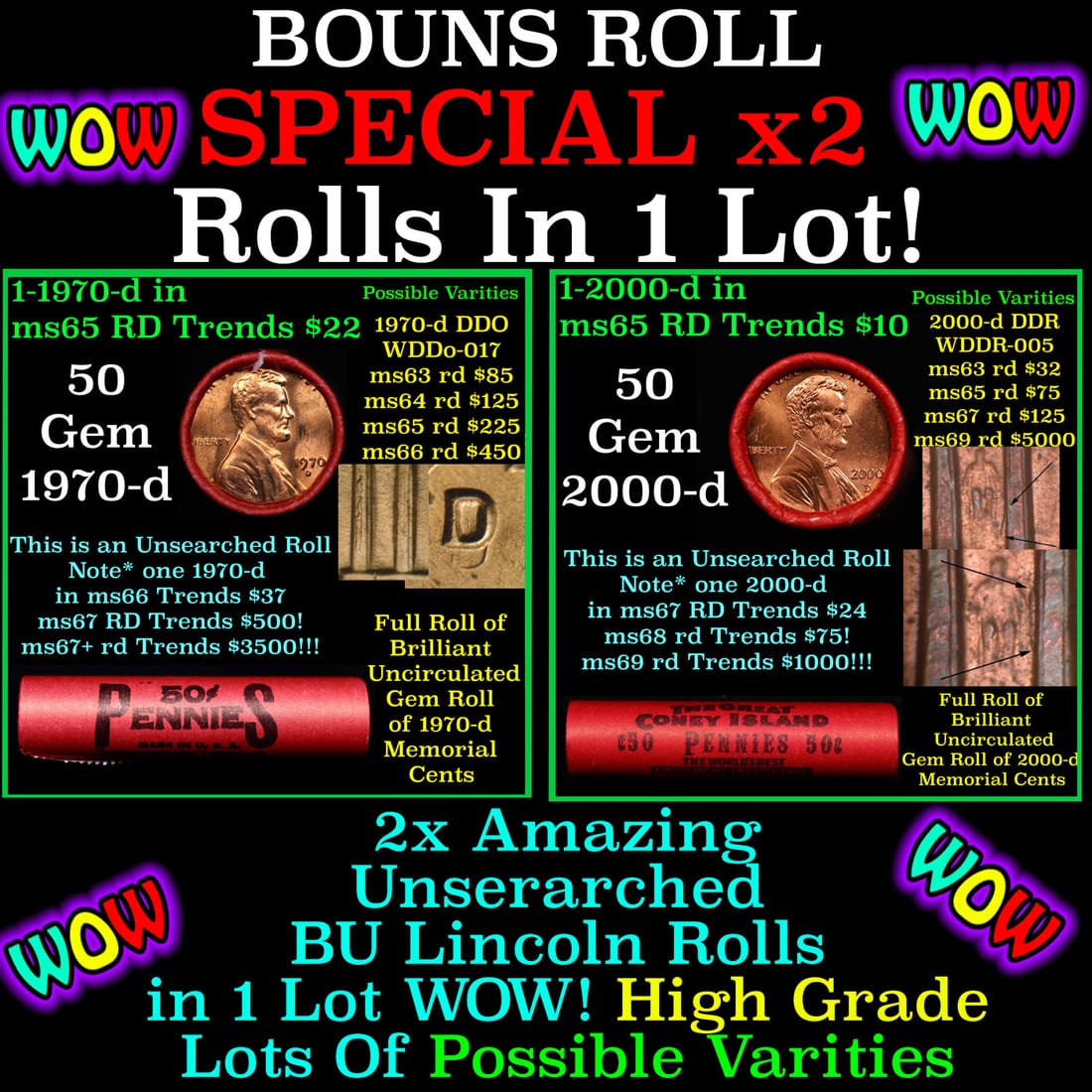 2x BU Shotgun Lincoln 1c rolls, 1970-d & 2000-d 50 pcs 50c: 2x BU Shotgun Lincoln 1c rolls, 1970-d & 2000-d 50 pcs 50c. Two terrific Shotgun rolls of Lincoln cents. Most if not all coins should be cherry red.