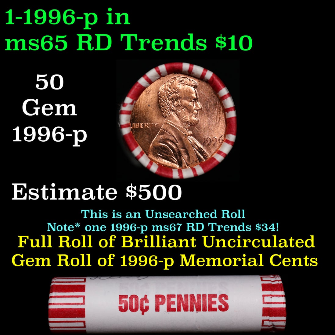 BU Shotgun Lincoln 1c roll, 1996-p 50 pcs Bank Wrapper 50c: BU Shotgun Lincoln 1c roll, 1996-p 50 pcs Bank Wrapper 50c. A terrific Shotgun roll of Lincoln cents in a Bank wrapper. Most if not all coins should be cherry red.