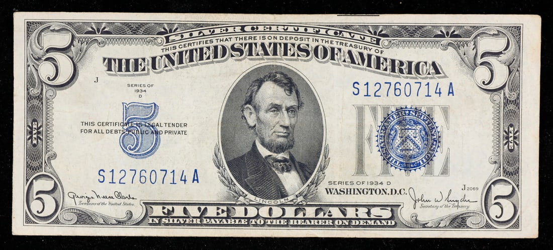 1934D $5 Blue Seal Silver Certificate Grades vf++: 1934D $5 Blue Seal Silver Certificate Grades vf++. Fr-1654 1934 $5 silver certificates actually come in five different varieties. There are series of 1934, 1934A, 1934B, 1934C, and 1934D. The differen