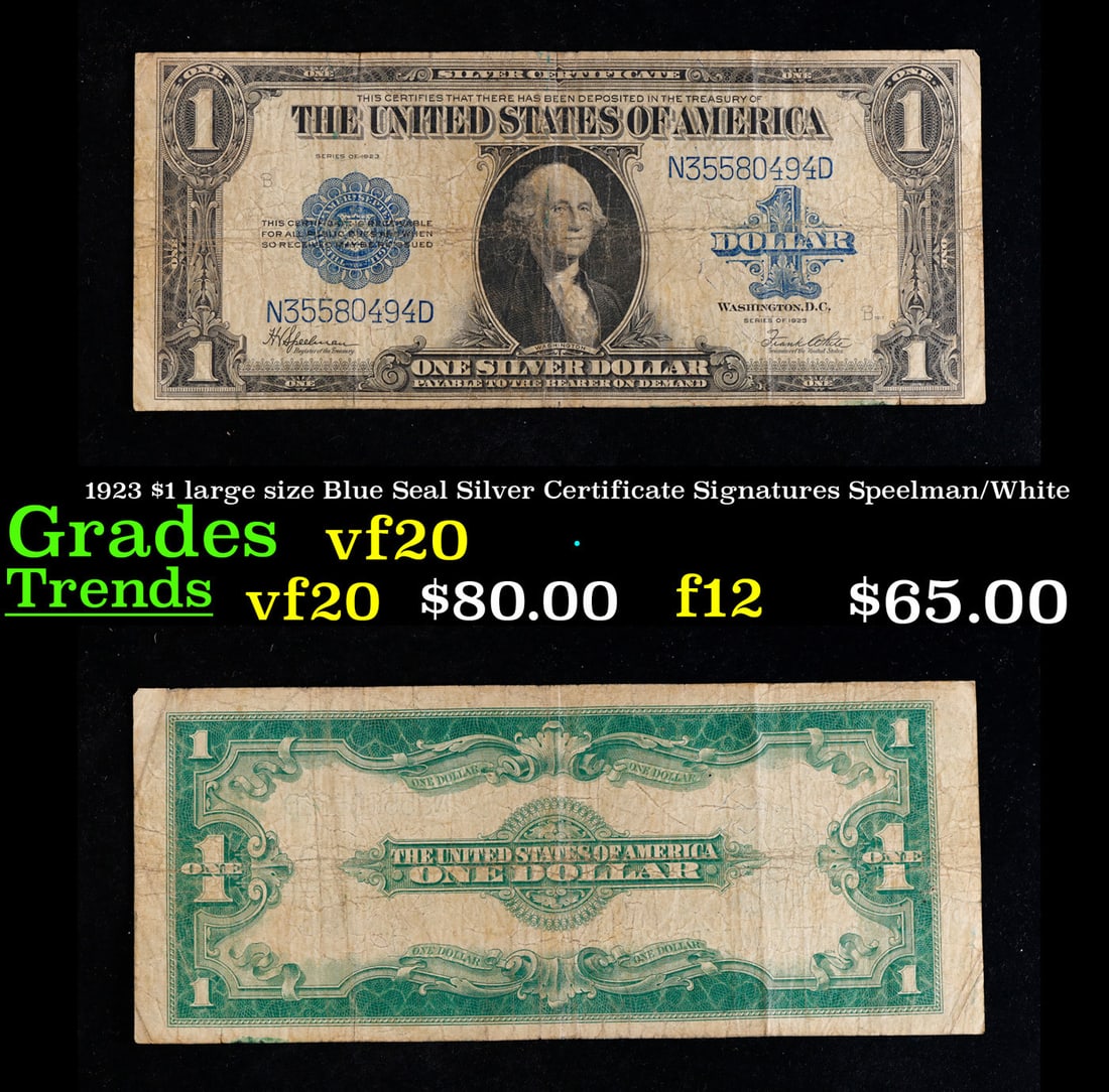 1923 $1 large size Blue Seal Silver Certificate Grades vf, very fine Signatures Speelman/White: 1923 $1 large size Blue Seal Silver Certificate Grades vf, very fine Signatures Speelman/White. Fr-237 The term “horse blanket” gets used a lot when talking about large size currency. It is mo