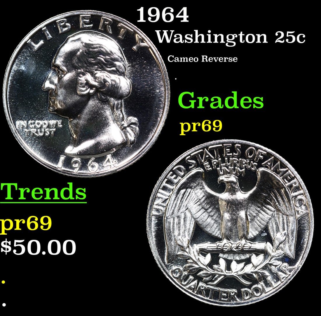 Proof 1964 Washington Quarter 25c Grades GEM++ Proof (1 of 3)