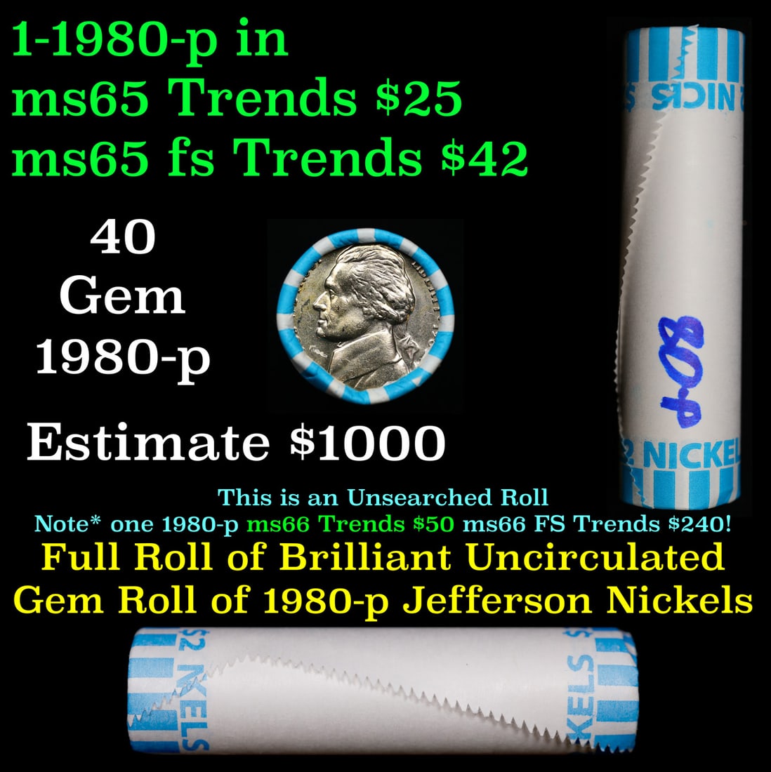 BU Shotgun Jefferson 5c roll, 1980-p 40 pcs Bank $2 Nickel Wrapper: BU Shotgun Jefferson 5c roll, 1980-p 40 pcs Bank $2 Nickel Wrapper.