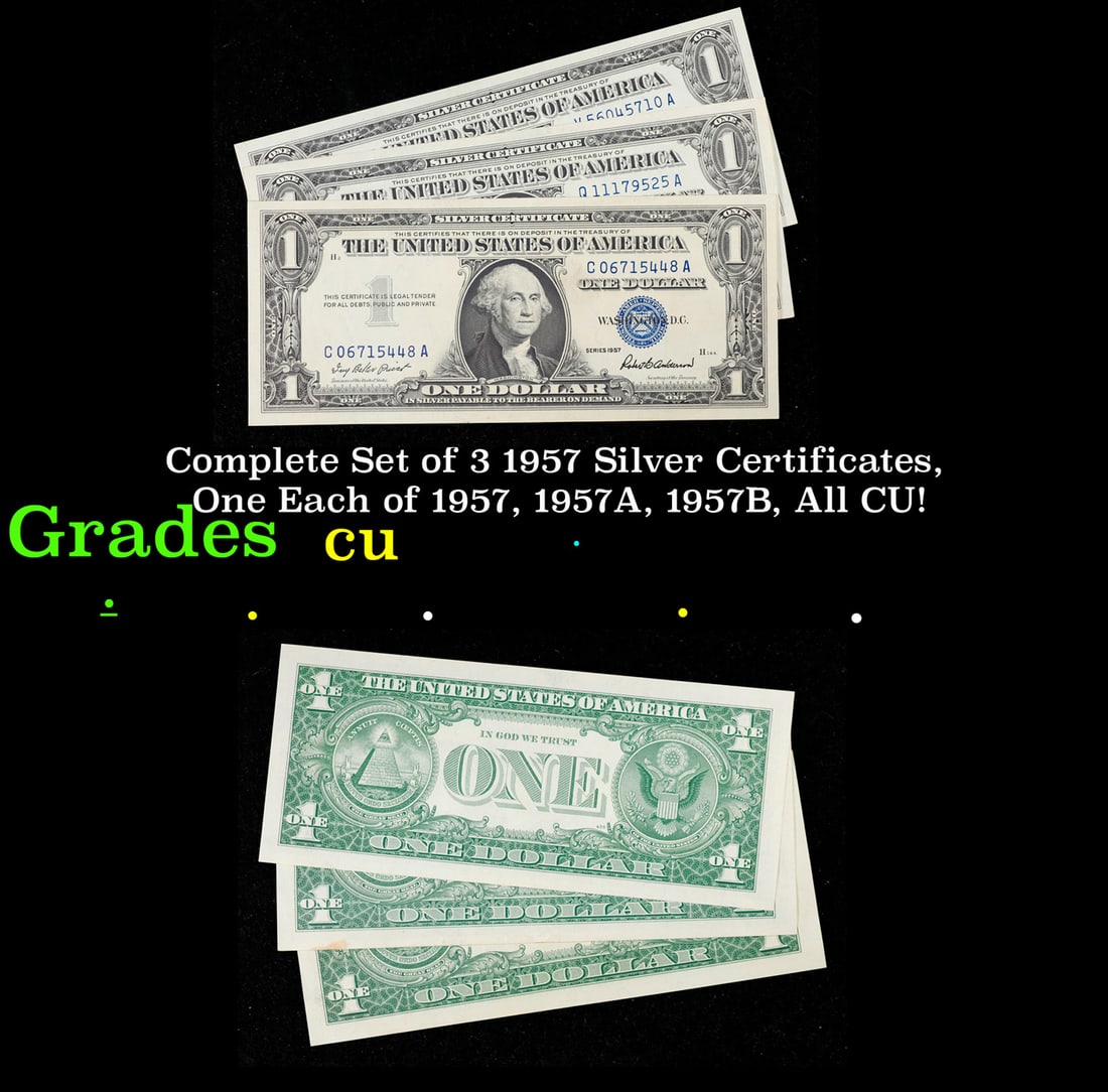 Complete Set of 3 1957 Silver Certificates, One Each of 1957, 1957A, 1957B, All CU! $1 Blue Seal (1 of 3)