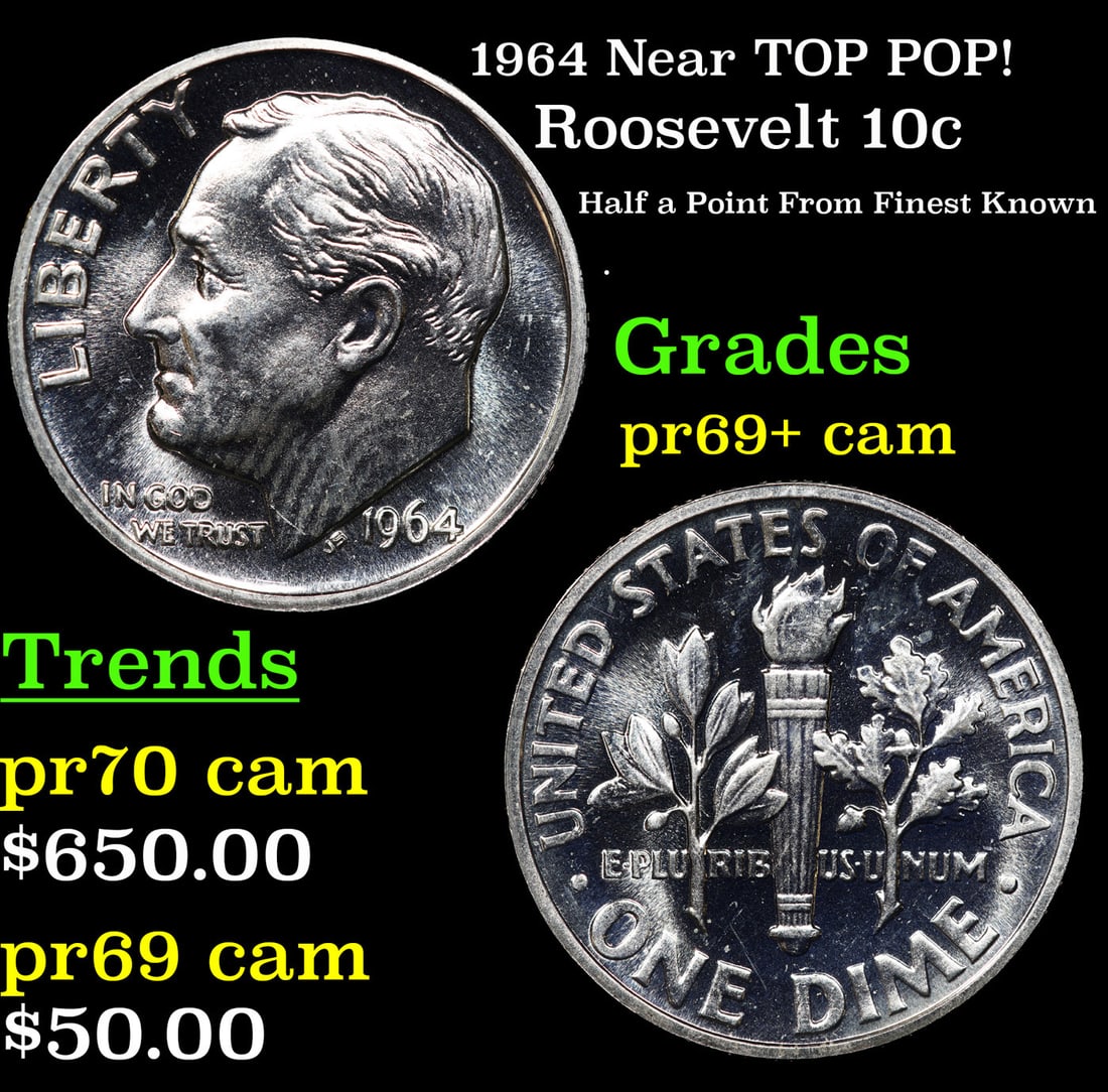 Proof 1964 Roosevelt Dime Near TOP POP! 10c Graded pr69+ cam BY SEGS (1 of 3)