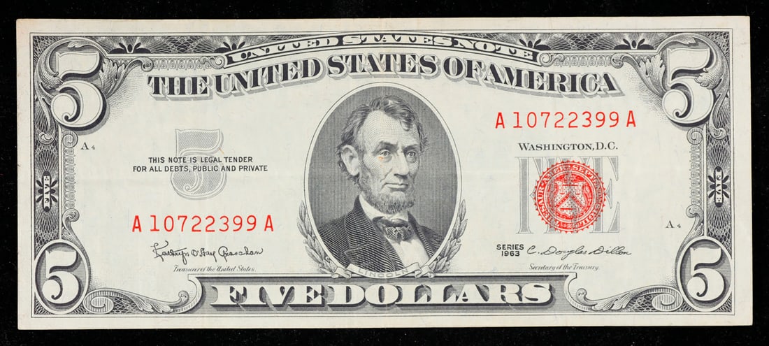 1963 $5 Red Seal United States Note Grades xf: 1963 $5 Red Seal United States Note Grades xf. Fr-1536 Each 1963 five dollar red seal bill has serial number written in red ink. There is a red seal on the right hand side of the bill. All 1963 red se