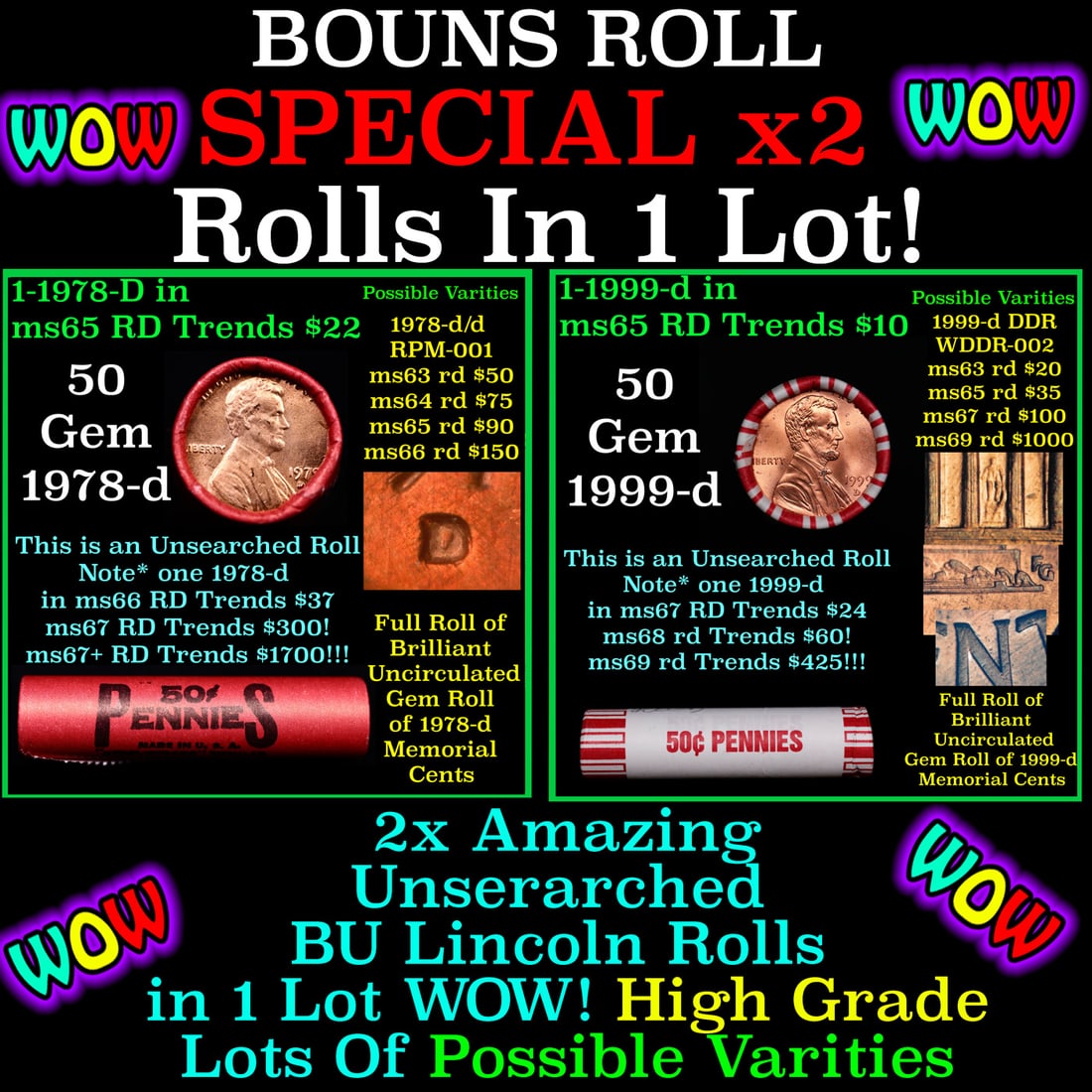 2x BU Shotgun Lincoln 1c rolls, 1978-d & 1999-d 50 pcs 50c (1 of 3)