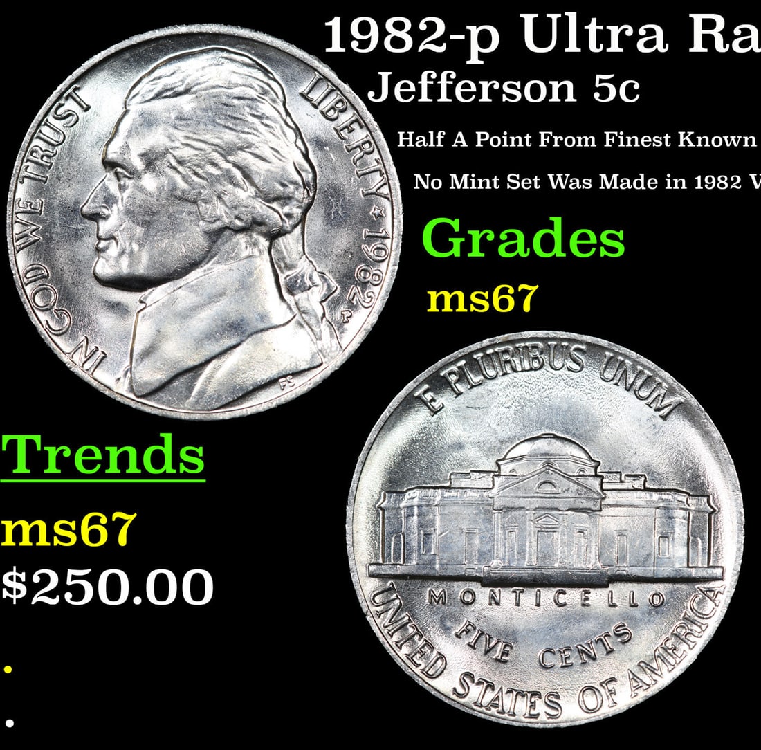 1982-p Jefferson Nickel Ultra Rare Near TOP POP! 5c Grades GEM++ Unc (1 of 3)