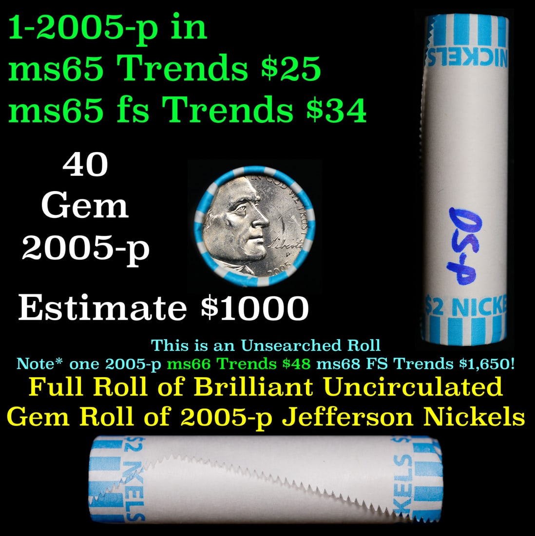 BU Shotgun Jefferson 5c roll, 2005-p Bison 40 pcs Bank $2 Nickel Wrapper: BU Shotgun Jefferson 5c roll, 2005-p Bison 40 pcs Bank $2 Nickel Wrapper.