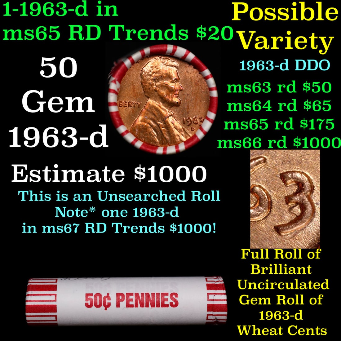 BU Shotgun Lincoln 1c roll, 1963-d 50 pcs Bank Wrapper 50c: BU Shotgun Lincoln 1c roll, 1963-d 50 pcs Bank Wrapper 50c. A terrific Shotgun roll of Lincoln cents in a Bank wrapper. Most if not all coins should be cherry red.