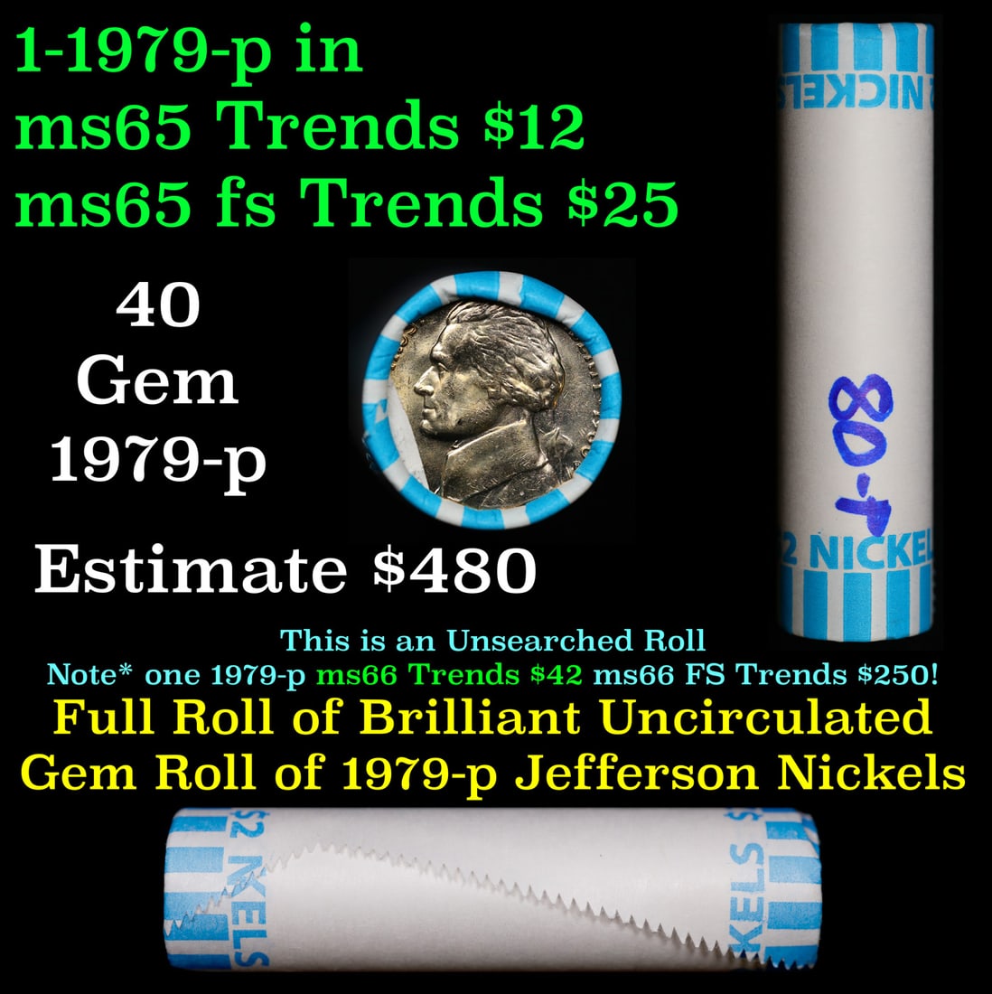 BU Shotgun Jefferson 5c roll, 1979-p 40 pcs Bank $2 Nickel Wrapper: BU Shotgun Jefferson 5c roll, 1979-p 40 pcs Bank $2 Nickel Wrapper.