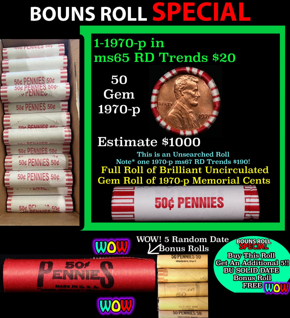 2x BU Shotgun Lincoln 1c rolls, 1982-d & 1979-p 50 pcs 50c: 2x BU Shotgun Lincoln 1c rolls, 1982-d & 1979-p 50 pcs 50c. Two terrific Shotgun rolls of Lincoln cents. Most if not all coins should be cherry red.