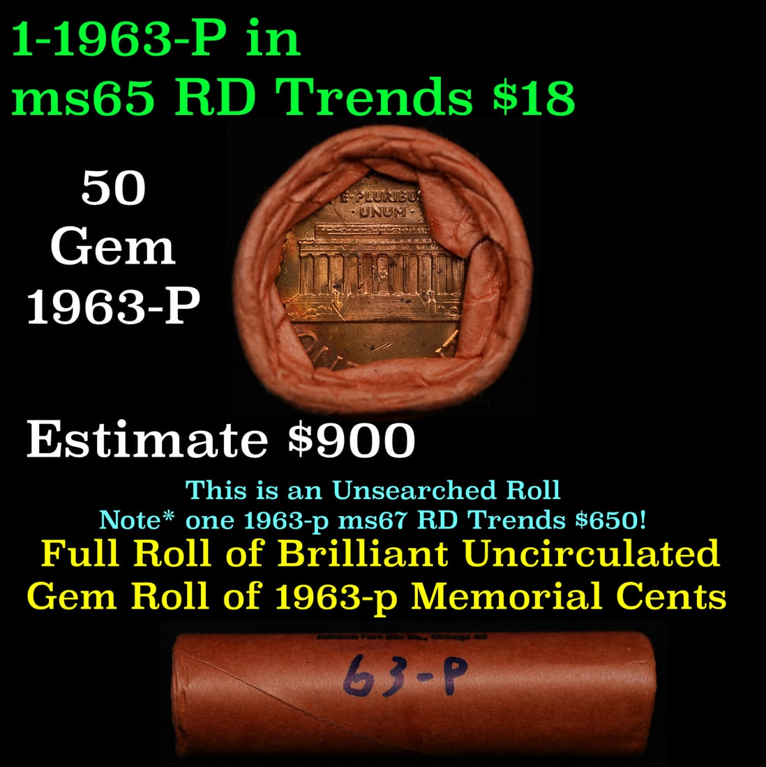 BU Shotgun Lincoln 1c roll, 1963-p 50 pcs Federal Reserve Bank of Cleveland Wrapper 50c: BU Shotgun Lincoln 1c roll, 1963-p 50 pcs Federal Reserve Bank of Cleveland Wrapper 50c. A terrific Shotgun roll of Lincoln cents in a Federal Reserve Bank of Cleveland wrapper. Most if not all coins 