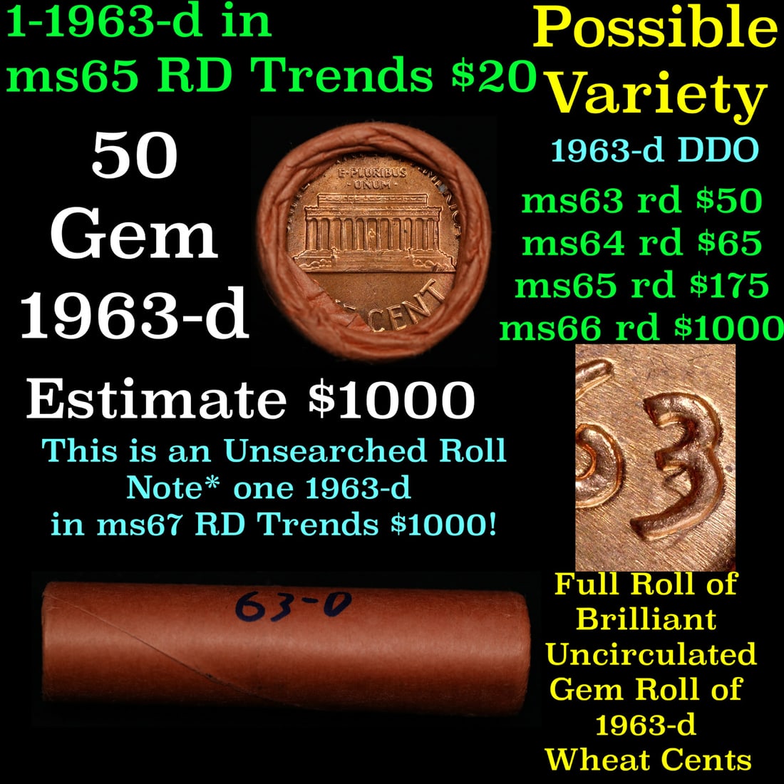 BU Shotgun Lincoln 1c roll, 1963-d 50 pcs Federal Reserve Bank of Cleveland Wrapper 50c: BU Shotgun Lincoln 1c roll, 1963-d 50 pcs Federal Reserve Bank of Cleveland Wrapper 50c. A terrific Shotgun roll of Lincoln cents in a Federal Reserve Bank of Cleveland wrapper. Most if not all coins 
